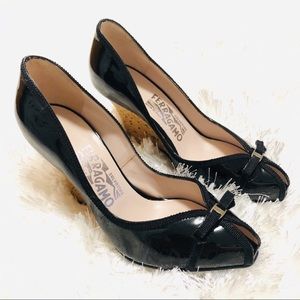 Salvatore Ferragamo Leather Sissi Bow Peep Toe